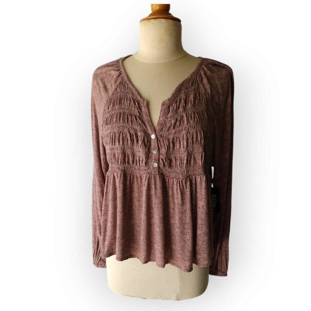Lucky Brand Long Sleeve Floral Smocked Boho Top Pink Multi Large